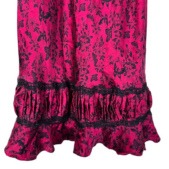 Y2K Silk Slip Dress Magenta Black Lace Butterfly Print Ruffle Hem Vintage - Picture 3 of 8